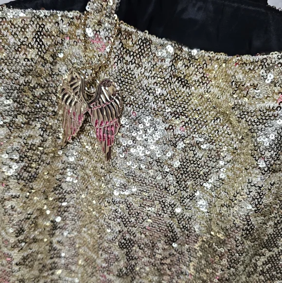 Victorias Secret Gold Sequin Tote Bag With  ANGEL Wings Purse Charm - Picture 9 of 12
